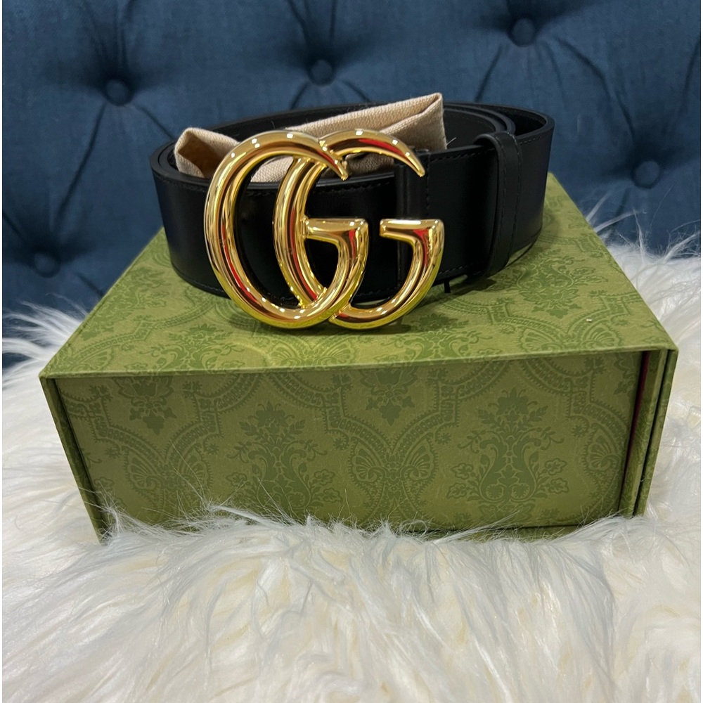 Gucci Black Belt with Gold GG Buckle, pay monthly w affirmative, size 10-12